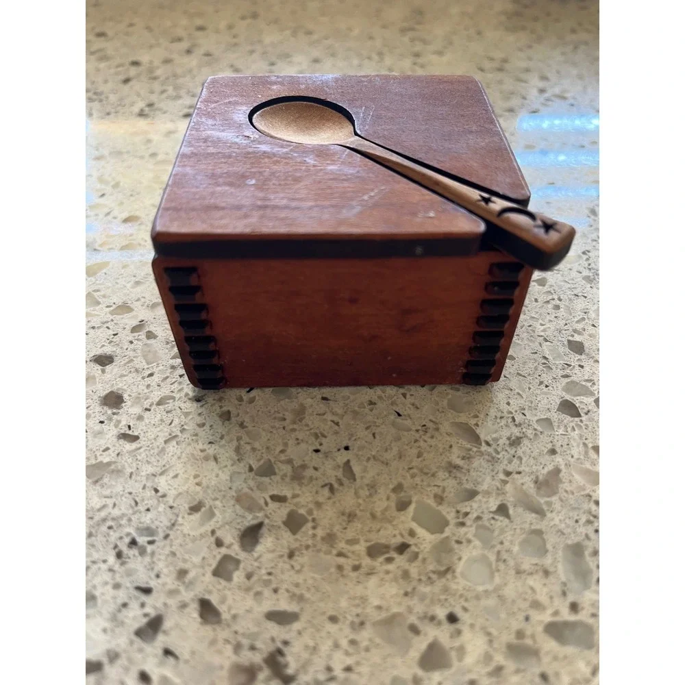 MoonSpoon Wooden Salt Cellarwith Celestial Moon Star Spoon Spice Box Handcrafted